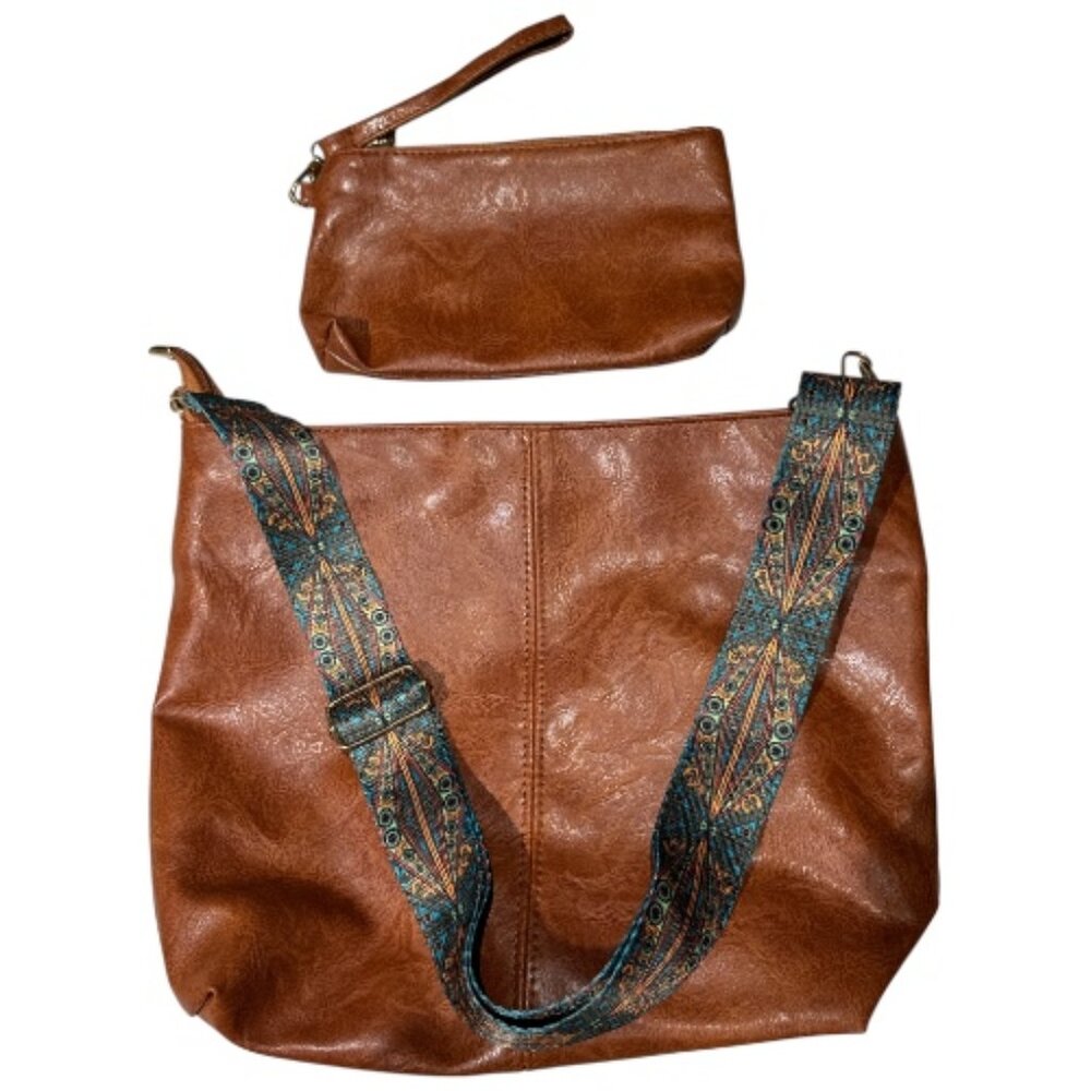 Brown Tote and Wristlet Set with Green Boho Patterned Strap - Picture 1 of 8